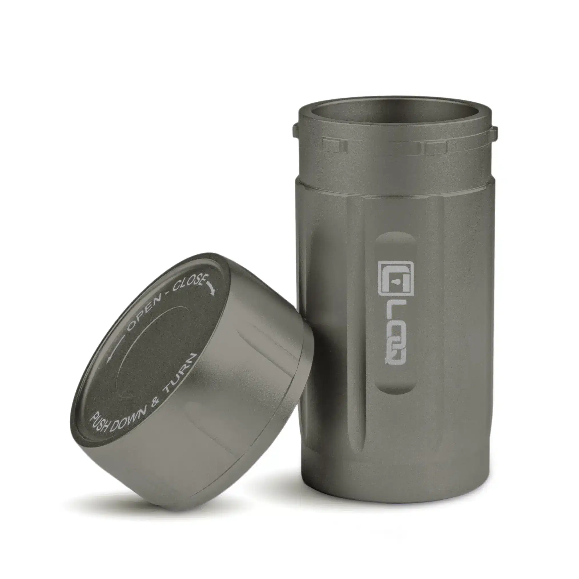 a canniloq premium smell proof herb storage container with gray body and gray cap