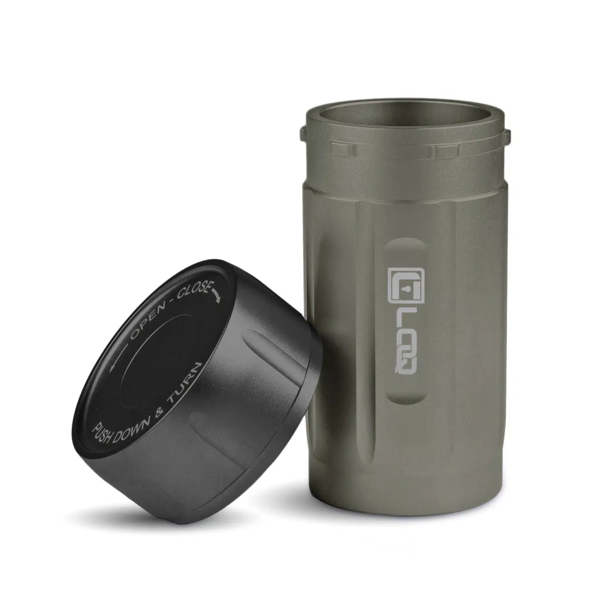 a canniloq premium smell proof herb storage container with gray body and black cap