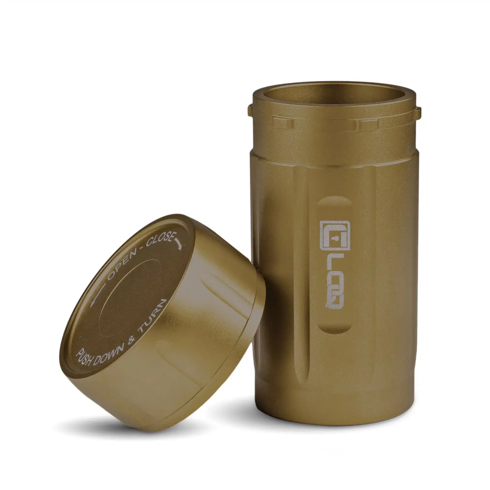 a canniloq premium smell proof herb storage container with tan body and tan cap