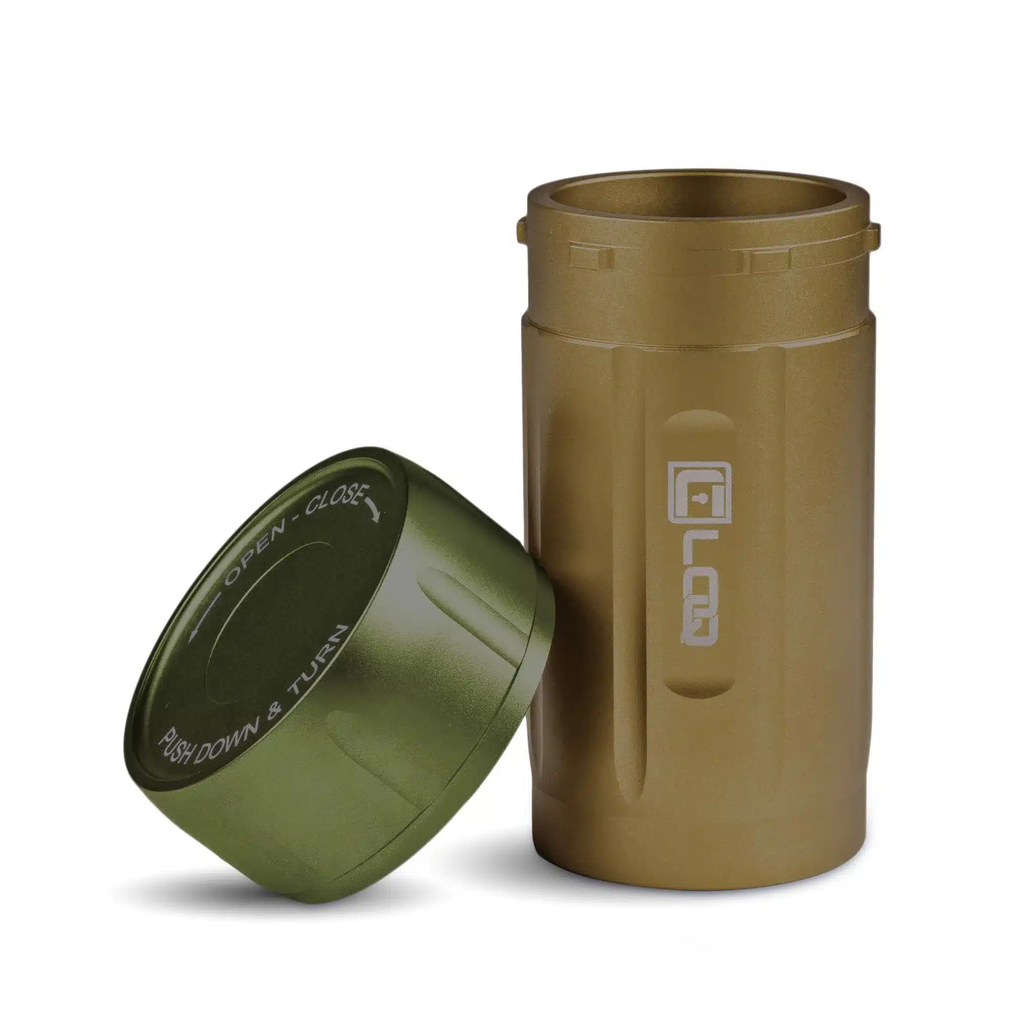 a canniloq premium smell proof herb storage container with tan body and green cap