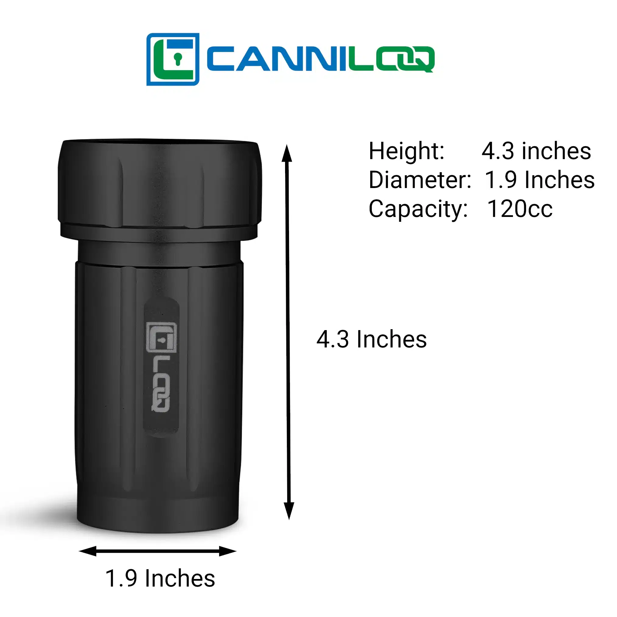 the size of a canniloq smell proof herb storage container with black body and black cap