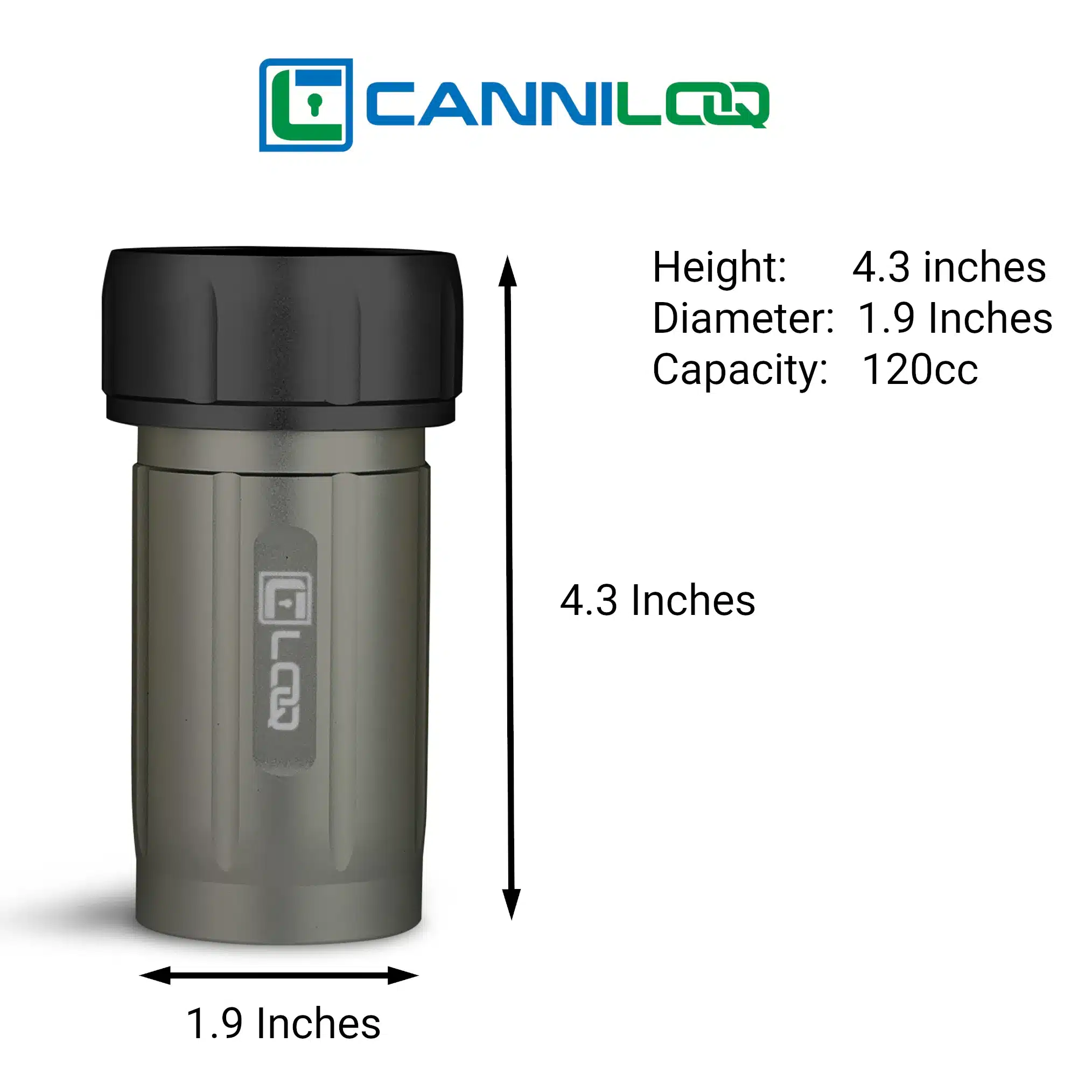 the size of a canniloq smell proof herb storage container with gray body and black cap