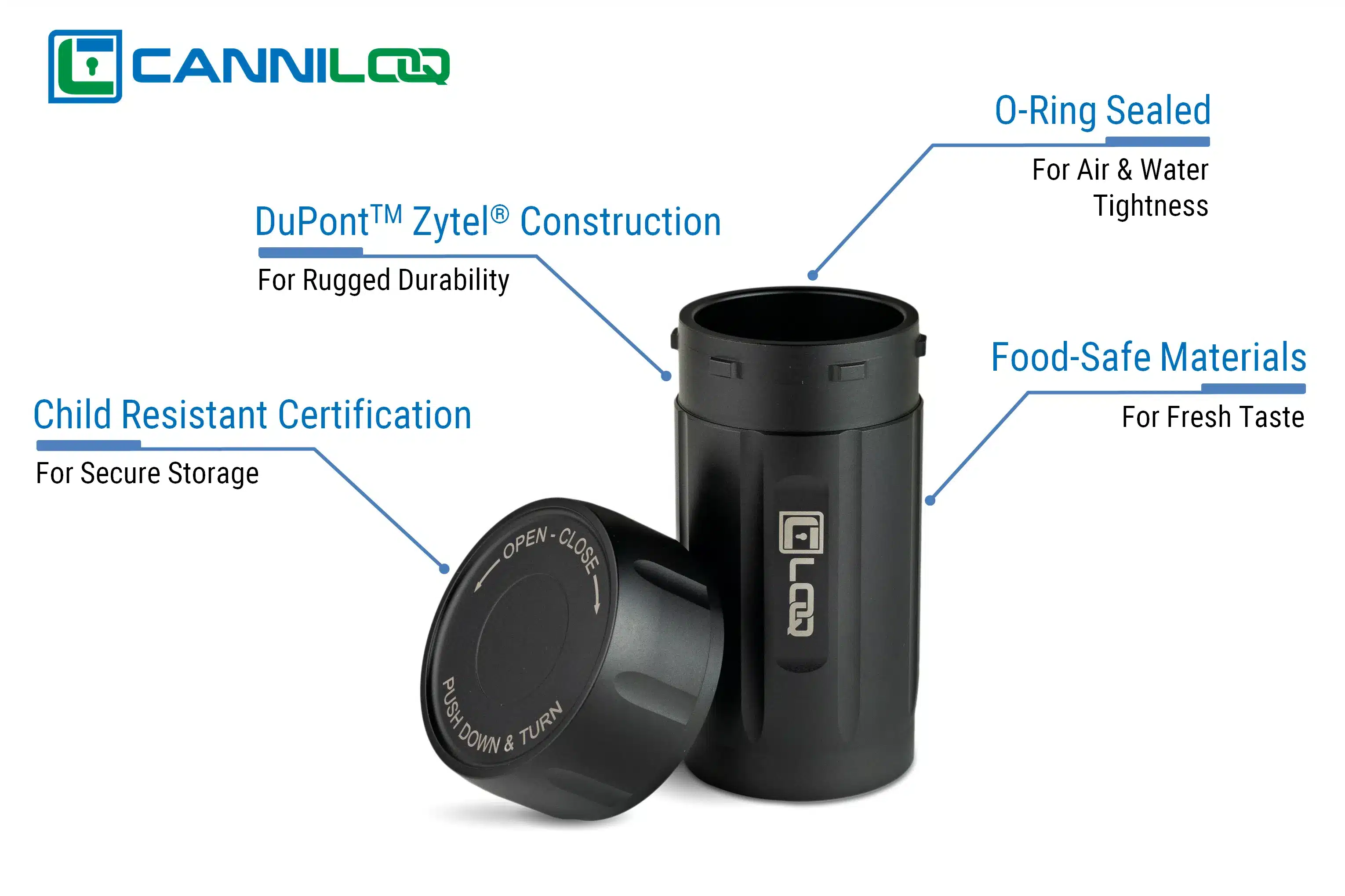 a canniloq smell proof container with black body and black cap showing materials and sealed child proof cap features