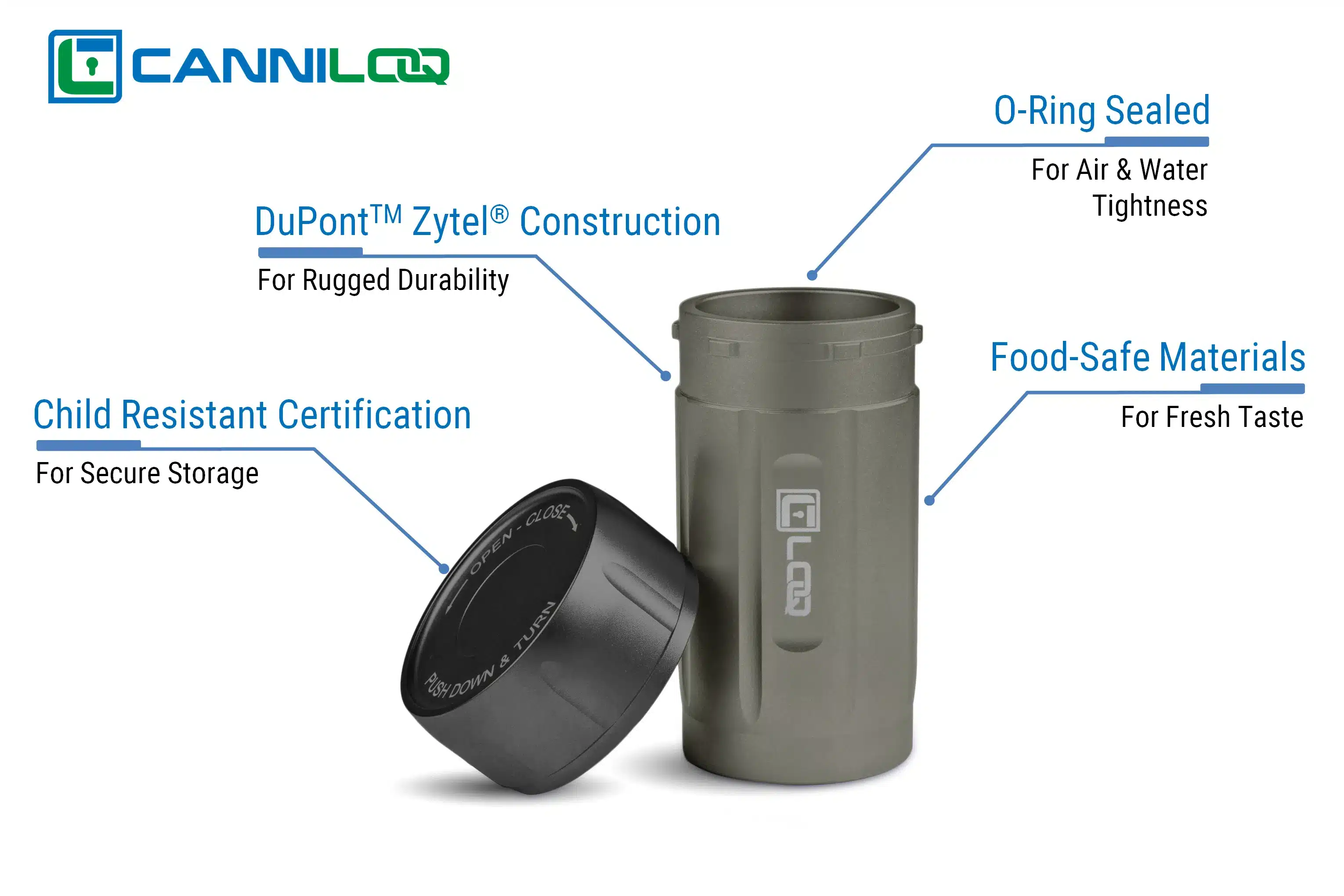 a canniloq smell proof container with gray body and black cap showing materials and sealed child proof cap features