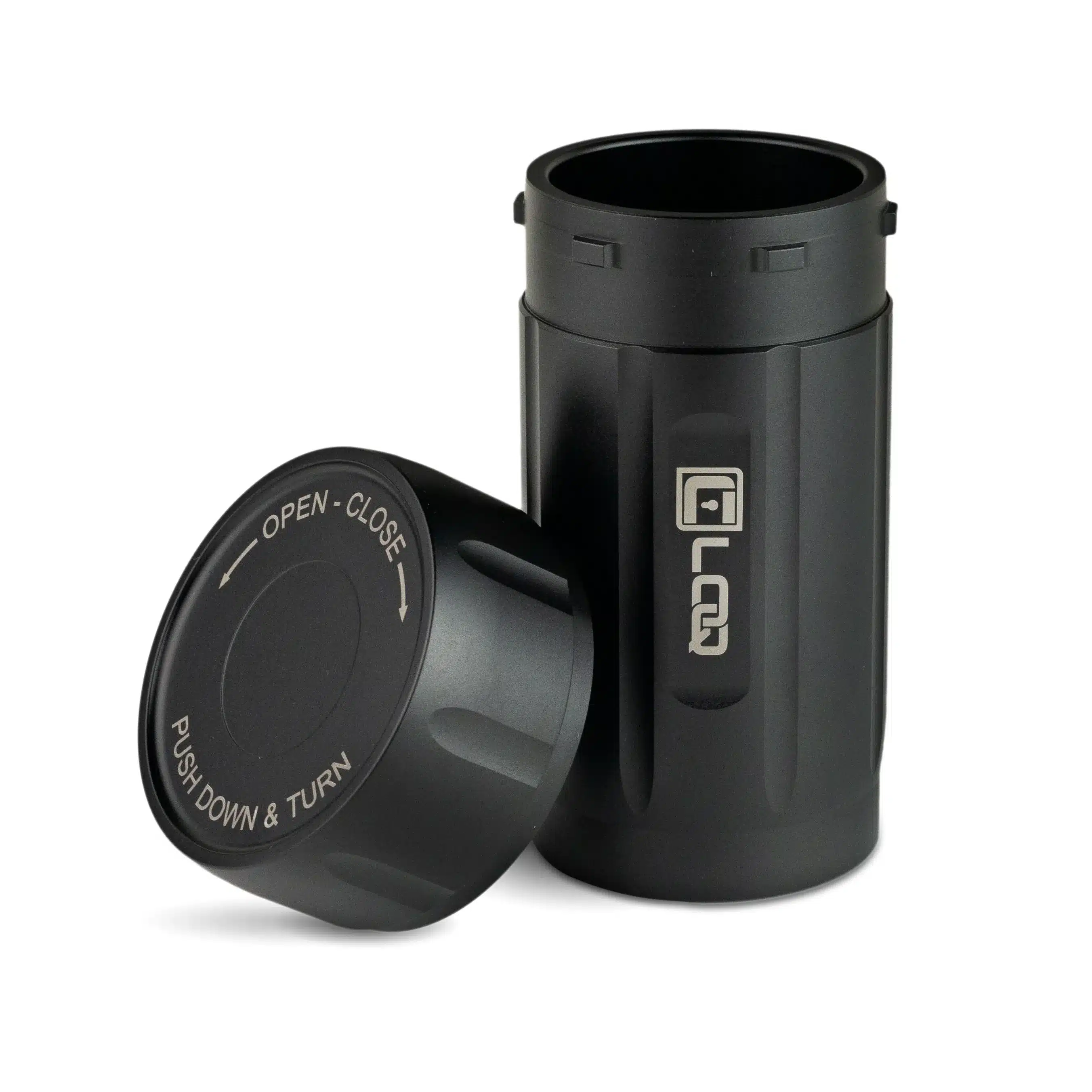 a canniloq premium smell proof herb storage container with black body and black cap